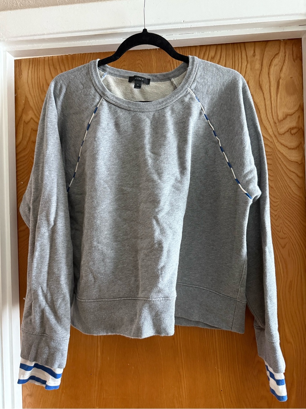 J. Crew Heather Gray Crewneck Sweatshirt with Blue striped Trim